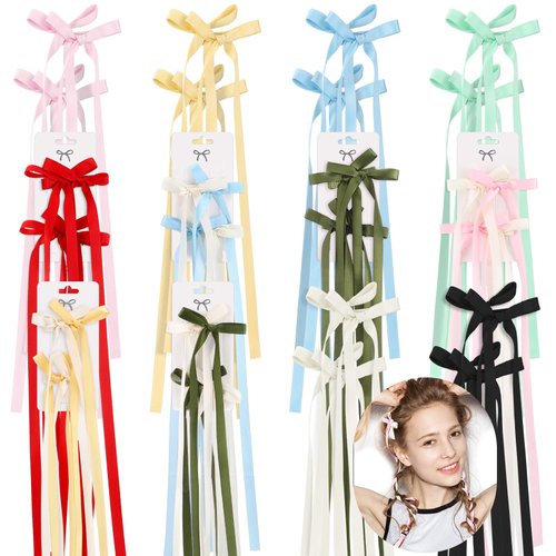 HunnmingRe 24 Pcs Ribbon Hair Clips Tassel Hair Bows Cute Small Double Bowknot Hair Clips with Long Tails for Women Braiding Hair Gifts for Birthday Christmas Coquette Bow Party Favors