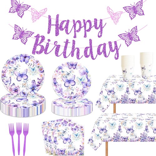 121 Pcs Butterfly Birthday Party Decor Spring Butterfly Paper Plates Napkins Forks Cups Tablecloth Banner Dinnerware for Butterfly Girls Baby Shower 1st 2nd 3rd 4th Bday Party Supplies Decorations
