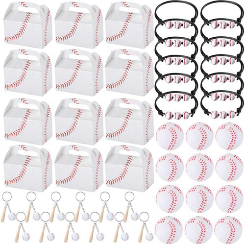 Teling 48 Pcs Baseball Party Favors Include 12 Baseball Treat Boxes 12 Mini Baseball Stress Ball 12 Mini Baseball Keychain with Wooden Bat 12 Baseball Charm Bracelets for School Team Sports Birthday