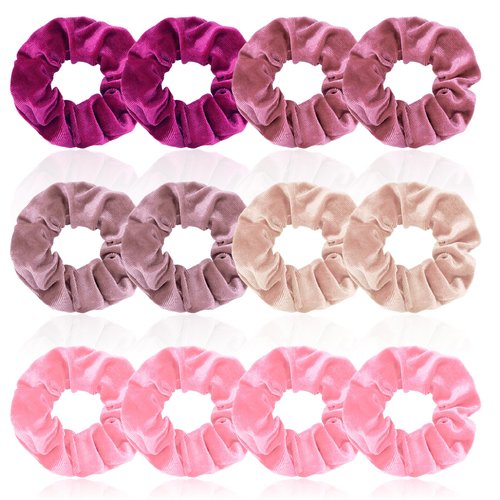 Aprince Pink Scrunchies for Girls Women 12 Pieces Velvet Scrunchies Soft Hair Ties Ponytail Holder Solid Colors Hair Scrunchies for Women's Hair Cute Hair Accessories for Party Valentine's Day