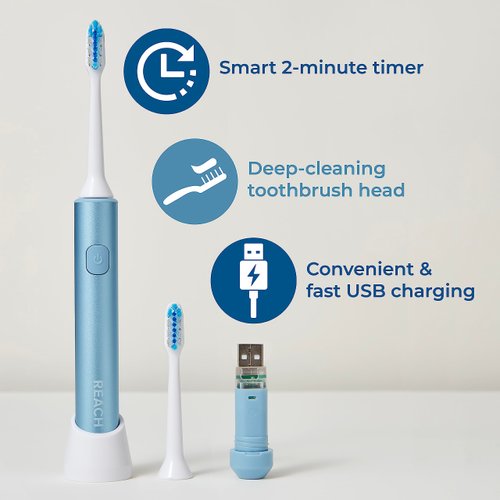 Reach Sonic USB Electric Toothbrush, Soft, Includes Toothbrush Handle, Brush Head, Toothbrush Cap, Travel Case and Toothbrush Stand