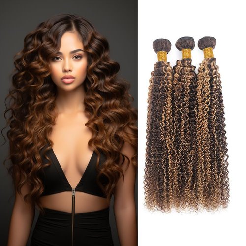 Dark Brown Kinky Curly Bundles Highlight Curly Wave Human Hair Bundles 24 26 28 Inch P4/30 Human Hair Bundles 8a Grade Double Weft Brazilian Virgin Hair Silky Soft Weave Extensions Piano Color