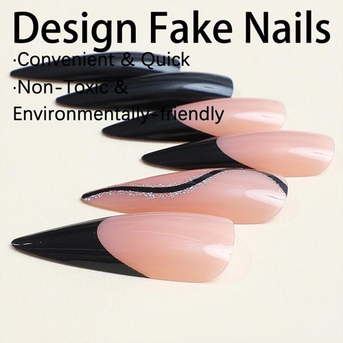 Black French Tip Nails Press on Extra Long Stiletto Acrylic Fake Nails Glitter Wavy Lines Glue on Nails Mirror Reusable Stick on Nails for Women DIY Manicure Decoration
