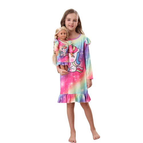 Bow Dream Toddler Girl Dress Cute and Matching American Girl Doll Clothes for Girls Cartoon Pattern Long Sleeve Dress Size 130 Multi Color