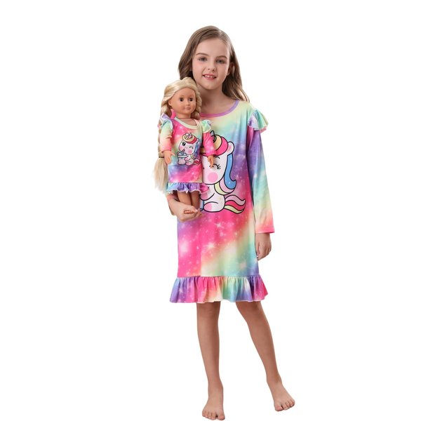 Bow Dream Toddler Girl Dress Cute and Matching American Girl Doll Clothes for Girls Cartoon Pattern Long Sleeve Dress Size 130 Multi Color