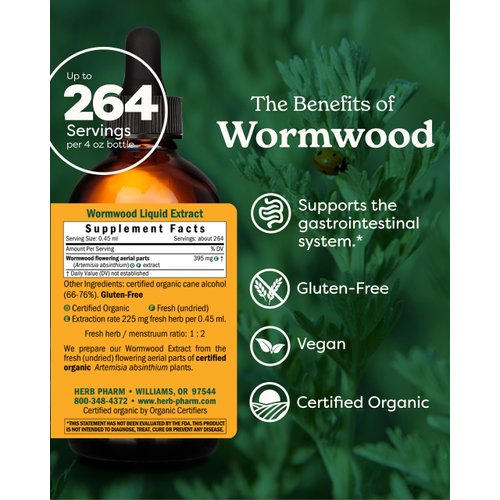 Herb Pharm Certified Organic Wormwood Liquid Extract for Digestive System Support - 4 Ounce