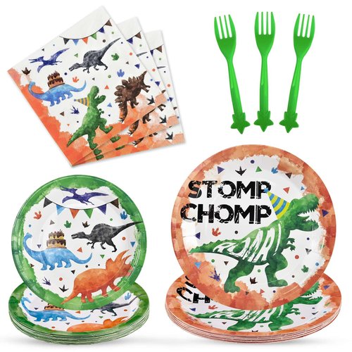 WERNNSAI Dinosaur Party Supplies - 64 PCS Watercolor Dino Tableware Set Disposable Plates Napkins and Forks Dinosaur Theme Party Decoration for Boys Birthday Baby Shower Party Serves 16 Guests