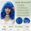 noxozoqm Short Blue Bob Wig with Bangs for Women Wavy Synthetic Wigs with Natural Shoulder Length Curly Heat Resistant Hair for Daily Party Use