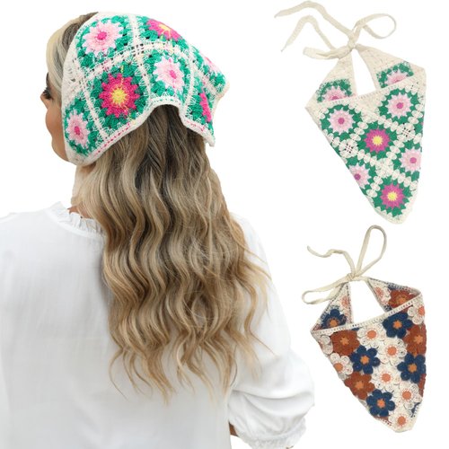 drakloak Crochet Hair Bandana,2Pcs Hair Scarf Head Kerchief Headband Floral Hair Bandanas For women,Hair Scarf Knitted Headscarf Hippie Headbands（428-RS-428-RWL）