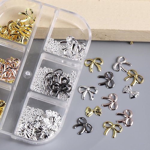Bow Charms for Nails, 3D Bow Nail Art Charms 1 Box Gold Silver Bows Nail Designs Accessories Metal Alloy Bowknot Nail Art Rhinestones Cute Nail Jewelry for Women Girls DIY Nail Decoration Supplies