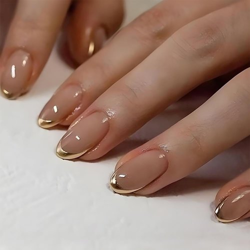 24Pcs Gold French Tip Press on Nails Short Almond Fake Nails Artificial Glossy Designs Glue on Nails Nude Pink Full Cover Stick on Nails French False Nails for Women Girls Acrylic Nails Decorations