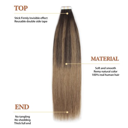 Lovrio 18" 20pcs 50g Remy Straight Tape in Hair Extensions Colorful Balayage Dark Brown Fading to Chestnut Brown Human Hair