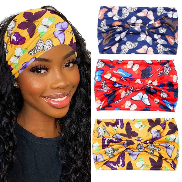 Urieo 3 Pcs Boho Printed Headbands Butterfly Wide Hairband Stretchy Knotted Turban Headband Yoga Workout Non-slip Head Wraps Headband for Women