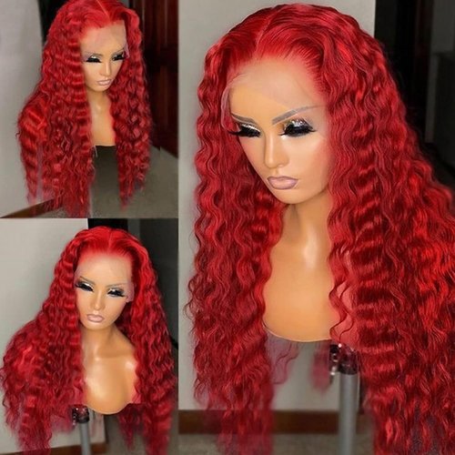 PlatinumHair Bright Red Loose Curly Lace Front Wigs Pre Plucked Loose Curls Wig Glueless Red Colored Wigs Heat Resistant Long Water Wave Synthetic Lace Front Wigs for Fashion Black Women