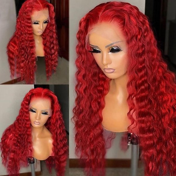 PlatinumHair Bright Red Loose Curly Lace Front Wigs Pre Plucked Loose Curls Wig Glueless Red Colored Wigs Heat Resistant Long Water Wave Synthetic Lace Front Wigs for Fashion Black Women