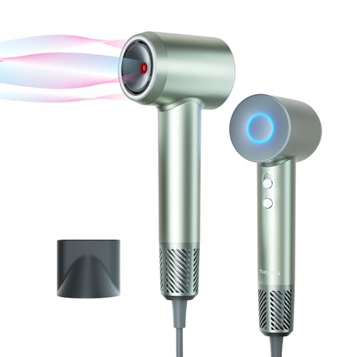 Hair Dryer New Upgrade, 1400 Watt Negative Ion Hair Dryer with Magnetic Nozzle, 110,000 RPM Brushless Motor, Negative Ion Indicator, Fast Dry, 4 Temperatures/2 Speeds, Low Noise for Home Travel,Green