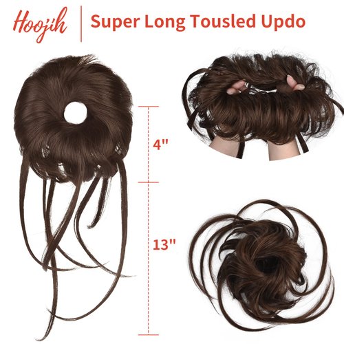 HOOJIH Messy Bun Hair Piece, Super Long Tousled Updo Hair Bun Extensions Wavy Hair Wrap Ponytail Hairpieces Hair Scrunchies with Elastic Hair Band HB007 Grace - Warm Brown with little black mixed