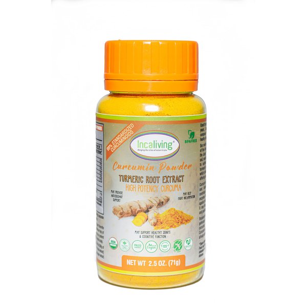 Incaliving Turmeric root extract (2.5oz) 100% organic turmeric root extract with 99% curcuminoids and black pepper extract to increase absortion 1/4 to 1/2 tsp. per day