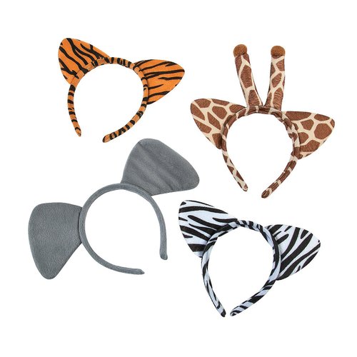 Fun Express Plush Zoo Animal Headbands w Ears (1 dozen) Jungle Party Favors and Costume Accessories, Zebra, Giraffe, Elephant &Tiger - VBS Vacation Bible School Supplies/Decor