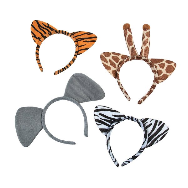 Fun Express Plush Zoo Animal Headbands w Ears (1 dozen) Jungle Party Favors and Costume Accessories, Zebra, Giraffe, Elephant &Tiger - VBS Vacation Bible School Supplies/Decor
