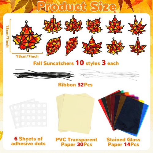 104 Pieces Fall Suncatcher Craft Autumn Leaf DIY Stained Glass Paper Kits Thanksgiving Decorations for Kids Classroom Activities Autumn Party Art
