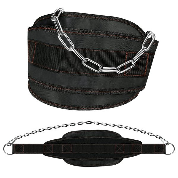 Dip Belt for Weight lifting, Weight Belt with 34'' Extra Long Adjustable Steel Chain, Pull Up Belt for Powerlifting, Strength Training and Bodybuilding, Comfortable Waist Back Support for Men & Women
