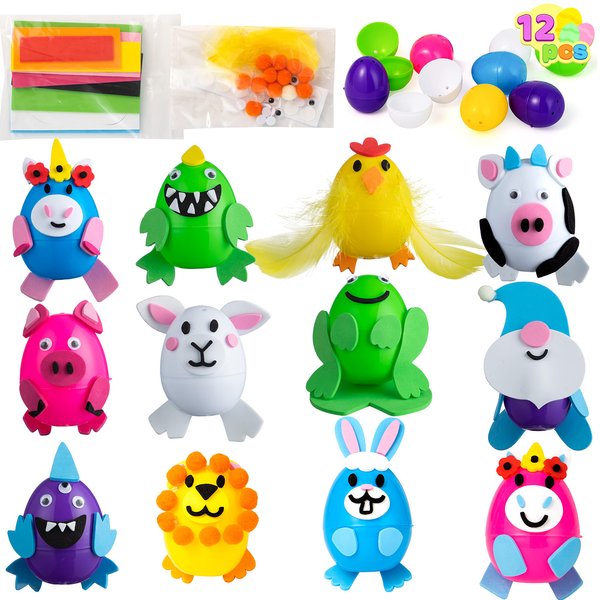 JOYIN 12 Sets Easter Eggs Decorating Craft Kit Toy for Kids, Easter DIY Animal Foam Craft Kits with Easter Eggs for Kids Easter Eggs Art Crafts Activities Easter Decorations, Easter Party Favors
