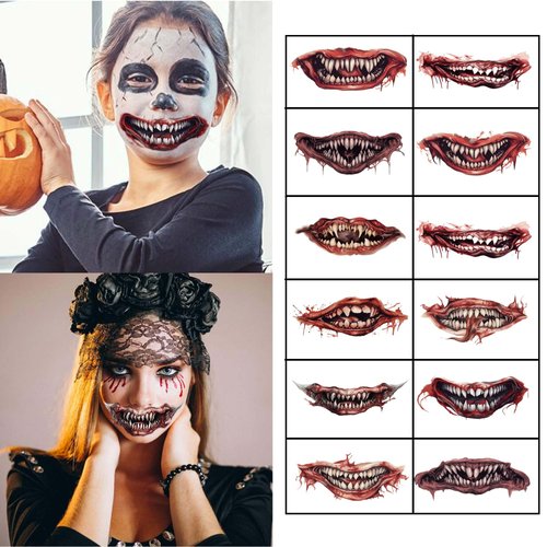 2023 New Halloween Prank Makeup Temporary Tattoo, 12 Sheet Clown Horror Mouth Tattoo Stickers Face Decals Prank Props Halloween Tattoo