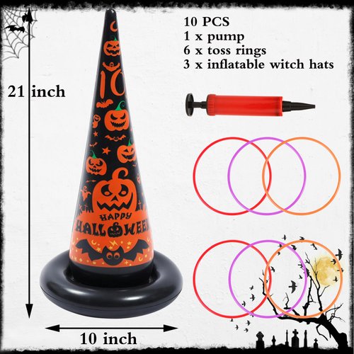10PCS Halloween Inflatable Witch Hat Ring Toss Game Halloween Games with 8 Rings and Pump Halloween Decorations Gift for Kids Adults Family Party Games