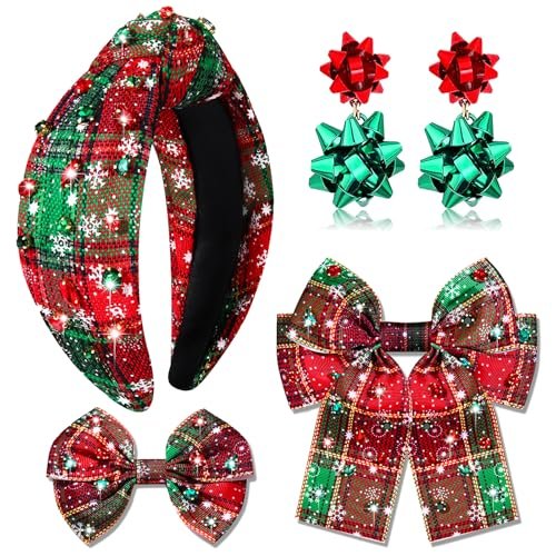 NVENF Christmas Headbands for Women, Holiday Headbands, Christmas Hair Bows, Red Plaid Headbands Hair Bow Clips, Christmas Outfits Winter Holiday Accessories Gifts (Pattern B)