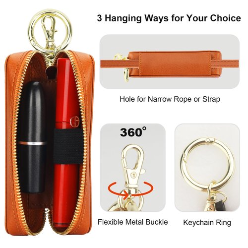 Bocasal Leather Lipstick Case Holder Chapstick Keychain Pouch, Zipper Lip Balm Lip Gloss Bag for Purse with Key Chain Elastic Band, Makeup Travel Organizer Cosmetic Storage Kit for Women Girls (Brown)