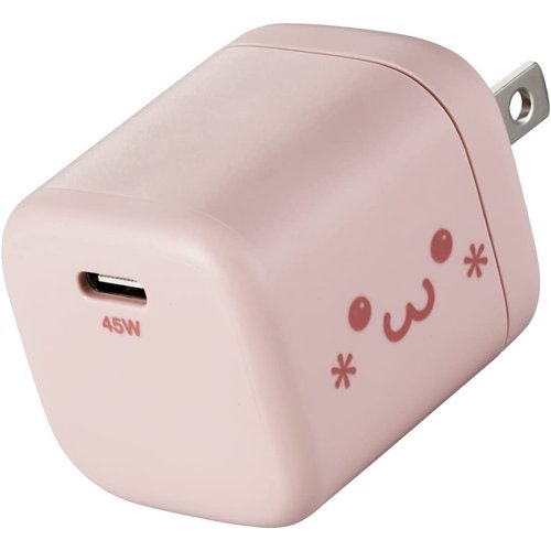 ELECOM USB C GaNII Wall Charger, Ultra Fast Charging, Foldable Plug AC Adapter, Portable Cute Design Compatible with Mobile Phone, Tablet, Shiro Chan Collection (45W Pink)