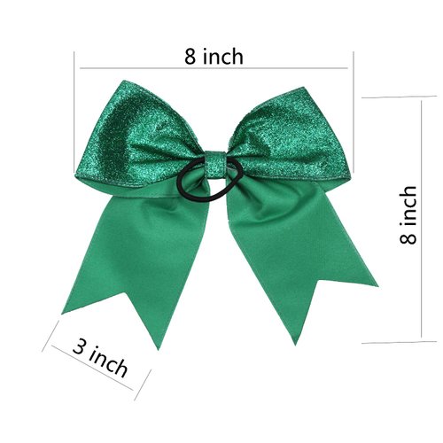 Cheerleader Bows Cheerleading 8 inch Sparkle Glitter Ponytail Holder Hair Tie School for High School College Girl Team Sports 6 Pcs … (Forest Green)