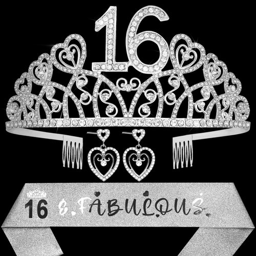 Sweet 16th Birthday Gifts for Girls,16th Birthday Tiara and Sash,Birthday Gift for 16 Year Old Girls,16 and Fabulous Sash,16th Birthday Crown,16th Birthday Party Favors,16th Birthday Decorations