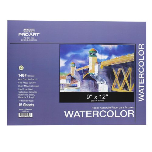 PRO ART Watercolor Paper Pad, 9-inch x 12-inch, 15 Sheet Block, White