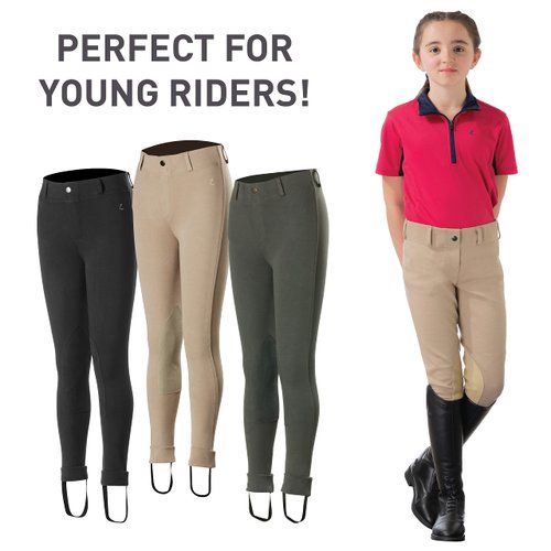 HORZE Nora Girls Riding Pants | Pull-on Kids Equestrian Leather Knee Patch Jodhpur Breeches - Black - S