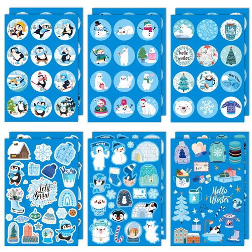 206pcs Winter Stickers, Winter Holiday Stickers with Snowman Christmas Tree Penguin Hello Winter Stickers for Kids Party Favors for Envelopes Cards Crafts Decoration