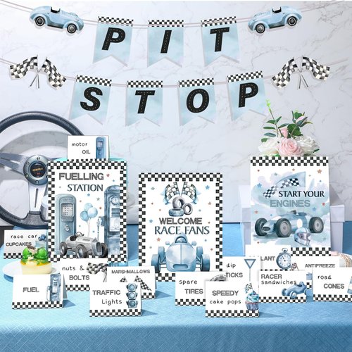 Sonwyoung 19 Pcs Race Car Birthday Party Decorations Boys Two Fast Vintage Birthday Party Decor 2 Fast Dusty Blue Black Wheel Checkered Party Supplies for Baby Shower Race Car Fast One Party