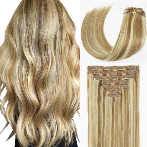 Caliee Blonde Clip in Hair Extensions Real Human Hair,P10-613 Natural Human Hair Extensions Clip ins Real Human Hair for Women Full Head 120G with 16 Clips 7Pcs Lace Clip in hair 18Inch