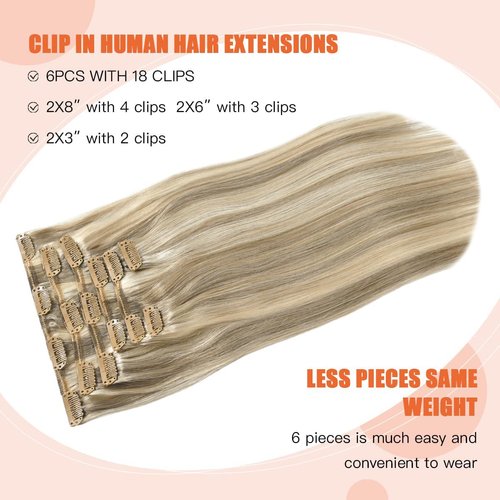 UGOTRAYS Blonde Clip in Hair Extensions Real Human Hair - 15 inch 70g Ash Blonde Mixed Bleach Blonde Straight 7pcs Double Weft - 100% Remy Human Hair Extensions #18p613 15inches