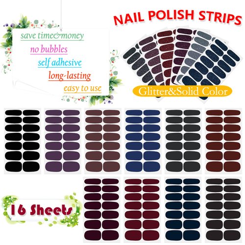 SILPECWEE 16 Sheets Dark Nail Wraps Solid Color Nail Polish Stickers for Women Self Adhesive Nail Polish Strips Gel Nail Strips Fingernail Sticker Nails for Women with 1pc Nail File