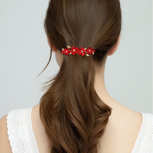 EVER FAITH Women's Austrian Crystal Hair Barrette Clip, Art Deco Plum Blossom Flower Teardrop Hair Clasps Accessorie Red Gold-Tone