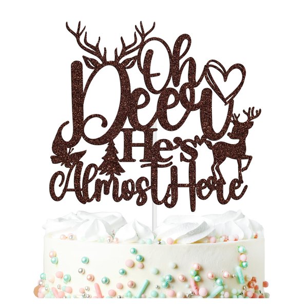 Oh Deer He's Almost Here Cake Topper, Oh Deer Baby Shower Boy's Happy 1st Birthday Cake Decorations, Deer Doe Pregnancy Gender Reveal Themed Party Supplies for Baby Boy, Brown Glitter