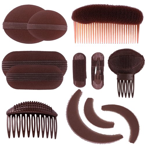 Veranger Hair Styling Tools Set Plastic and Sponge Bump it Up Inserts Hair Bun Maker, Hair Styling Accessories for Women Girl DIY Hairstyles, 10pcs BROWN (ZT28)
