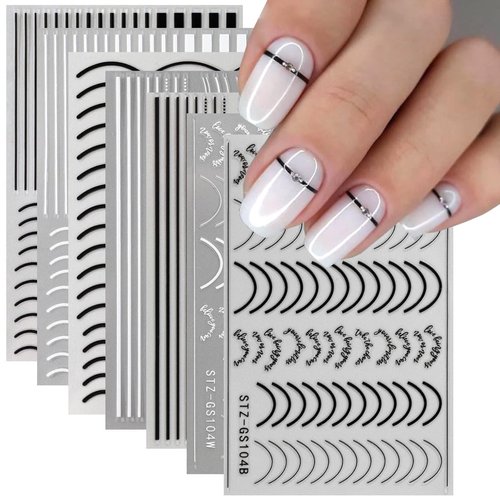 7Pcs Lines Nail Stickers for Nail Art French Tip -Black White Metal Stripes Letter Decals French Nail Design Curved Gel Nail Art Wave Line Polish Manicure Decoration for Women DIY Nail Art Simple Line