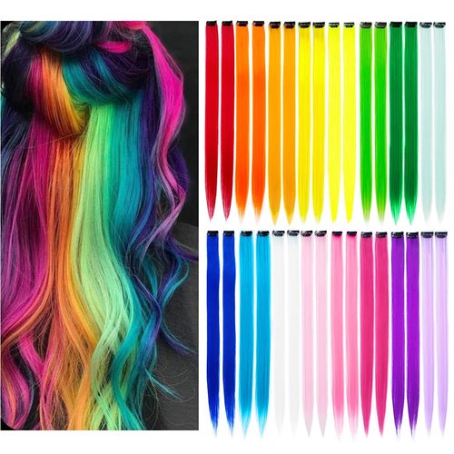 KGBFASS 32Packs Colored Hair Extensions 20Inch Straight Color Clip in on Hair Extension Rainbow Party Highlights Synthetic Hairpiece for Girls (16 colors)