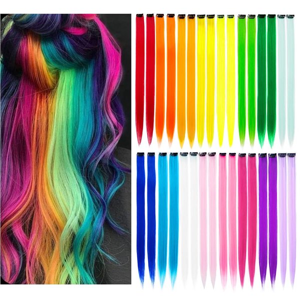 KGBFASS 32Packs Colored Hair Extensions 20Inch Straight Color Clip in on Hair Extension Rainbow Party Highlights Synthetic Hairpiece for Girls (16 colors)