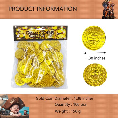 Gold Coins Plastic - 100 Count Kids Play Money Pirate Tokens - Fake Gold Coins for St. Patricks Day Party Favors,Pirate Party,Treasure Hunt Game