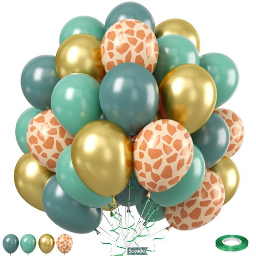 Dark Green Gold Balloons, 12 Inchs Olive Green Metallic Gold Animal Print Giraffe Balloons for Boys Safari Jungle Baby Shower Forest Wooland Birthday Wild One Party Decorations