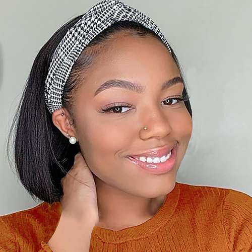 Adette Bob Human Hair Headband Wigs Straight Headband Wigs For Black Women Short Bob Human Hair Wigs Color 1B Natural Black None Front Lace 150% Density Brazilian Human Hair Headband Wig (8")
